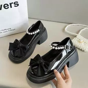 Женские туфли Мэри Джейн в стиле Лолиты на толстой платформе, вечерние туфли-лодочки, летние 2024, новые сандалии с бантом и цепочкой, женская обувь, модные оксфорды, Zapatos 35 бежевый