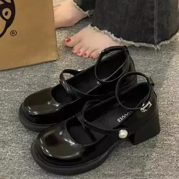 Женские туфли Мэри Джейн в стиле ретро коричневого цвета на высоком толстом каблуке с пряжкой на щиколотке в стиле Лолиты, модные кожаные туфли с круглым носком для женщин 35 чёрный