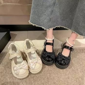 Женские туфли Мэри Джейн, весна-лето, новые толстые подошвы, круглый носок, бант, мокасины для женщин, средний каблук, щиколотка, жемчужная пряжка 35 бежевый