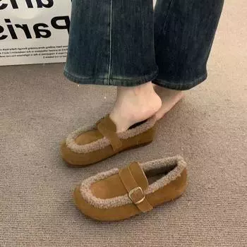 Женские туфли Mori из матовой кожи в стиле ретро-бархат 2024 года, теплые, с одной педалью, на мягкой подошве из хлопка 35