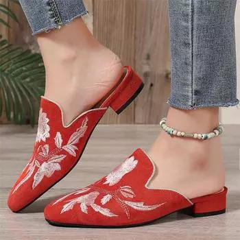Женские туфли-мюли Meotina с круглым носком, вышитые, лаконичные, модные, повседневные туфли, весна-осень, черный, красный, 45 35 чёрный