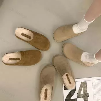 Женские туфли-мюли на плоской подошве, замшевые короткие плюшевые хлопковые тапочки, дизайнерская зимняя повседневная обувь 2024 года, трендовая прогулочная обувь Zapatos De Mujer 35
