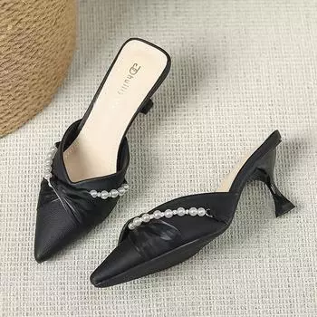 Женские туфли-мюли на высоком каблуке, сандалии 2025 года, мюли для улицы, ленивые туфли на одной педали, с полуподдержкой, одинарные туфли 912-D86 34 чёрный