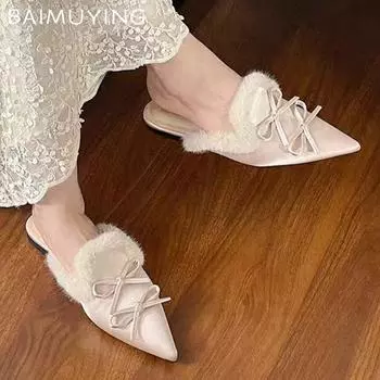 Женские туфли-мюли с бантом на плоской подошве с меховым острым носком, модные тапочки, зимняя новинка 2024 года, дизайнерские туфли с открытой пяткой, элегантные женские туфли Zapatillas 35 абрикосовый