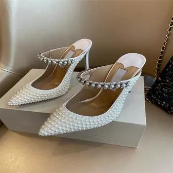 Женские туфли-мюли с искусственным жемчугом, дизайнерские шлепанцы, роскошные босоножки с искусственным жемчугом и кристаллами, белые атласные туфли на высоком каблуке для подружек невесты 35 бежевый