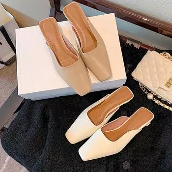 Женские туфли-мулы с квадратным носком, женские тапочки без шнуровки из овчины, женские туфли-мюли, простые туфли на плоской подошве для повседневного использования, Chaussures Femme 4.5 абрикосовый