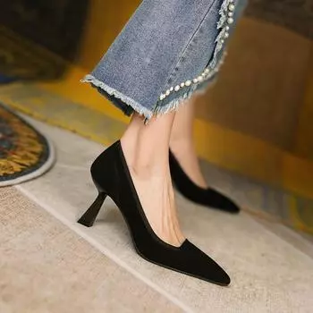 Женские туфли на элегантном каблуке из черной замши с острым носком в стиле ретро, туфли-лодочки для вечернего платья, повседневные туфли 2024 года, весна-осень, туфли-лодочки Talon Femme 34 хаки