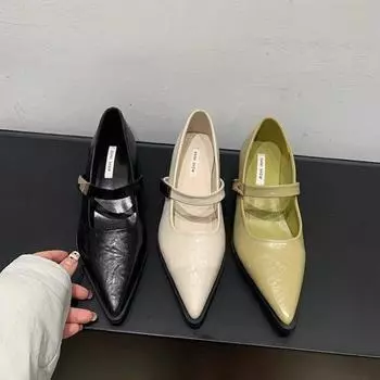 Женские туфли на грубом каблуке, зимние, новые, с острым носком, с неглубоким горлом, с металлической пряжкой, противоскользящие, износостойкие, с низким верхом 35