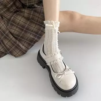 Женские туфли на каблуках, черные, с бантом в стиле ретро, с толстой подошвой, кожаные мокасины на высоком каблуке, весна-осень, туфли Мэри Джейн, женские повседневные туфли в стиле Лолита 35