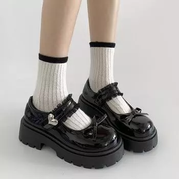 Женские туфли на каблуках, черные, с бантом в стиле ретро, с толстой подошвой, кожаные мокасины на высоком каблуке, весна-осень, туфли Мэри Джейн, женские повседневные туфли в стиле Лолита 35