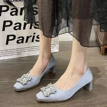 Женские туфли на каблуках с кристаллами и мелким каблуком Дизайнерские туфли с квадратным носком 2024 года Осень Новая мода Прогулочные туфли-лодочки Тренд Mujer Zapatos 35 бежевый