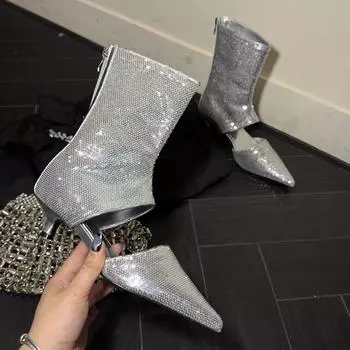 Женские туфли на каблуках с острым носком, шикарные, роскошные, классные, сандалии, женские, тренд 2024 года, новые, зимние, ботинки челси, Mujer Zapatos 35 чёрный