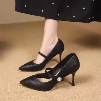 Женские туфли на каблуке 2024 года, каблук-шпилька, острый нос, универсальная пряжка, украшение, женская обувь на весну и осень 34 бежевый