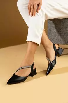 Женские туфли на каблуке с острым носком и крестиком, с двумя ремешками и камнями 63-1661-24