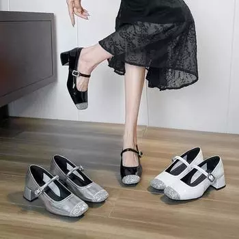 Женские туфли на квадратном каблуке. Туфли Мэри Джейн на массивном каблуке. Рабочая обувь с закрытым носком. Повседневные удобные модельные туфли с квадратным носком. Женские туфли Мэри Джейн на низком каблуке. 34 серебряный