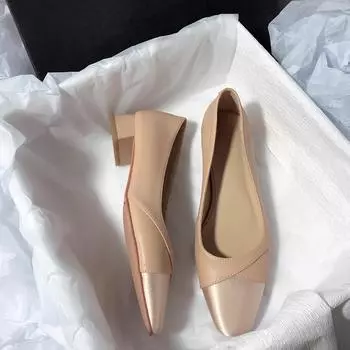 Женские туфли на массивном блочном каблуке с квадратным закрытым носком, шелковые лоскутные туфли из искусственной кожи на низком каблуке, повседневные женские рабочие туфли-лодочки, удобные нарядные туфли, нескользящие туфли-лодочки 35 абрикосовый