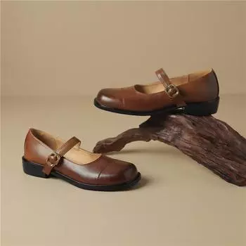 Женские туфли на низком каблуке для весны и лета, удобные одиночки из воловьей кожи с неглубоким горлом, туфли Мэри Джейн на толстом каблуке оверсайз. 34 чёрный