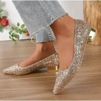 Женские туфли на низком каблуке с пайетками, новые, заостренные, большого размера, золотисто-серебряные, свадебные туфли, обувь для женщин, Zapatos De Mujer 40