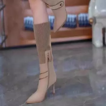 Женские туфли на очень высоком каблуке до колена, осень-зима 2024 г., распродажа, женские длинные сапоги, удобные и элегантные, водонепроницаемые, популярные 34