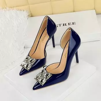 Женские туфли на очень высоком каблуке, тонкие каблуки, лакированная кожа, неглубокий вырез, острый носок, квадратная пряжка со стразами, одиночные туфли для женщин 35 синий