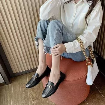 Женские туфли на одинарной платформе, весенний стиль, корейская версия мягкой кожи, женская обувь на плоской подошве с мягкой подошвой, модные маленькие кожаные туфли без шнуровки в стиле ретро 34 чёрный