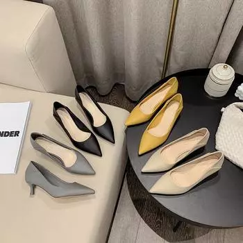 Женские туфли на одной обуви, новые туфли на тонком каблуке, на среднем каблуке, женские черные рабочие туфли, женская обувь на маленьком каблуке 34 бежевый