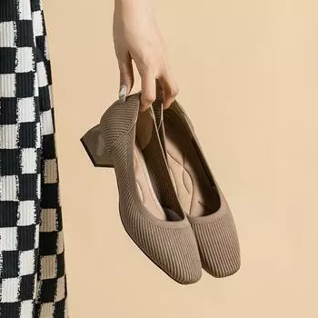 Женские туфли на однотонном каблуке Вязаные туфли-лодочки Женские модельные туфли на низком каблуке Офисные повседневные туфли с квадратным носком в деловом стиле на массивном каблуке Модные женские туфли без шнуровки 34