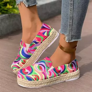 Женские туфли на платформе из соломенной пеньковой веревки 2024 года, большой размер, с круглым носком, эластичные, ленивые, повседневные туфли для доски 36
