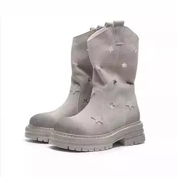 Женские туфли на платформе в стиле ретро с круглым носком и толстым каблуком. Ботинки в стиле вестерн из веганской замши с полым дизайном и заклепками. Ковбойские сапоги. 35