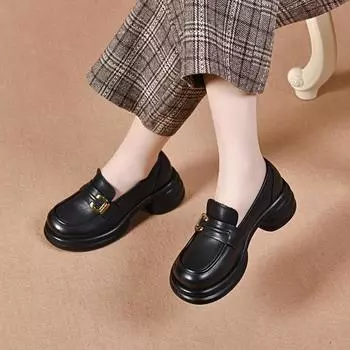 Женские туфли на платформе, весна, новая коллекция, из первого слоя коровьей кожи, с металлической пряжкой, туфли-маффины, удобные маленькие кожаные туфли, одинарные туфли 34