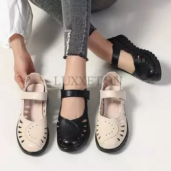 Женские туфли на платформе, женские туфли ручной работы в стиле ретро на плоской подошве, дышащие женские сандалии с мягкой подошвой 36 бежевый