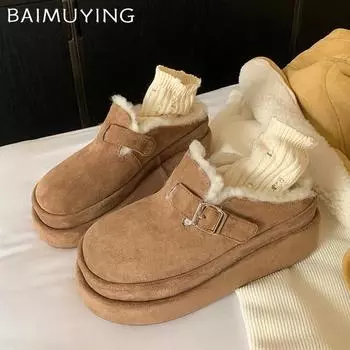 Женские туфли на платформе, женские замшевые туфли на плоской подошве, повседневная обувь, короткие плюшевые дизайнерские зимние хлопковые туфли 2024 года, тренд, теплые женские туфли 35 абрикосовый