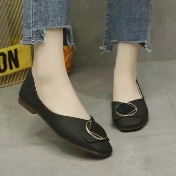 Женские туфли на плоской подошве 2024 года, новая весна-лето, мелкий носок, квадратный нос, гладкая подошва, мягкая универсальная рабочая обувь для офиса 35 чёрный