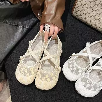 Женские туфли на плоской подошве 2024 года, весна, новые женские повседневные туфли с дышащей сеткой и кружевом, модные туфли на плоской подошве, женские белые балетки 35 белый
