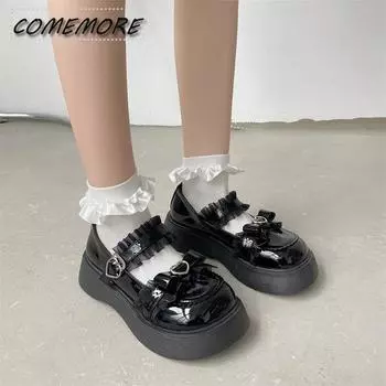 Женские туфли на плоской подошве 2025 года, модные кружевные туфли в стиле Лолиты с бантом, женские туфли-лодочки Мэри Джейн из лакированной кожи с пряжкой в форме сердца, с круглым носком, на плоской подошве, осень года 35 бежевый