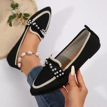 Женские туфли на плоской подошве 2025 года, новые трикотажные туфли без застежек, дышащие, удобные, однотонные, повседневные, с острым носком, для ходьбы, мокасины, кроссовки для женщин 36 чёрный