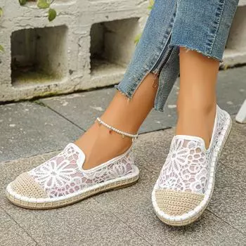 Женские туфли на плоской подошве Espadrille Zapatillas Mujer Sapatos Модные кружевные туфли ручной работы с вышивкой Весна и лето Slip On 36 белый