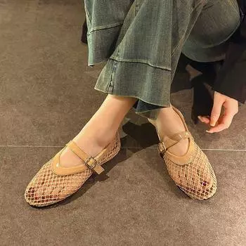 Женские туфли на плоской подошве Hollow Mary Jane Single Shoes Fishing Net Shoes Летние сандалии Женские сетчатые туфли 35 хаки