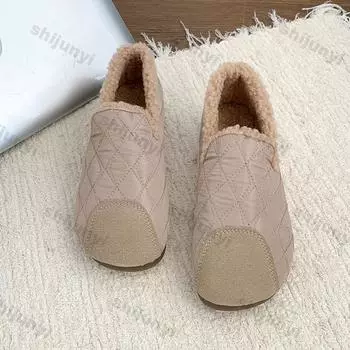 Женские туфли на плоской подошве из хлопка 2025 года, осень/зима, мягкая плюшевая подошва, корейский круглый носок, модная теплая повседневная обувь из хлопка, домашняя одинарная обувь 35 абрикосовый
