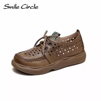 Женские туфли на плоской подошве из натуральной кожи, модная повседневная обувь на шнуровке, женские перфорированные сандалии с низким берцем 35