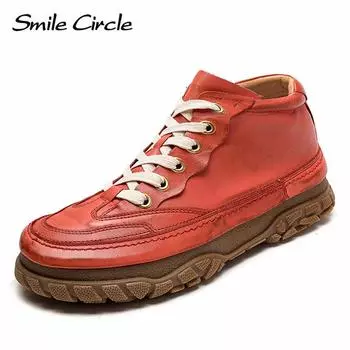 Женские туфли на плоской подошве из натуральной кожи, высокие кроссовки на шнуровке, модная повседневная обувь в стиле ретро 35 красный