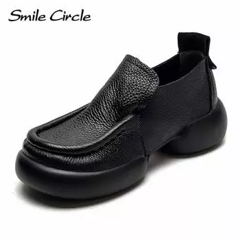 Женские туфли на плоской подошве из натуральной кожи, туфли с низким берцем и толстой подошвой с круглым носком, модная удобная повседневная обувь 35 чёрный