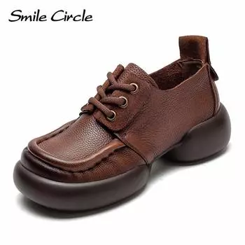 Женские туфли на плоской подошве из натуральной кожи, низкие туфли на шнуровке и толстой подошве, модная повседневная обувь в стиле ретро 35 коричневый