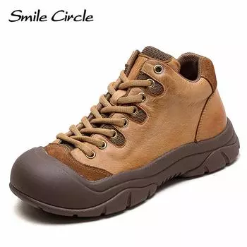 Женские туфли на плоской подошве из натуральной кожи, кроссовки на шнуровке с круглым носком, модная повседневная обувь в стиле ретро