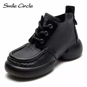 Женские туфли на плоской подошве из натуральной кожи, туфли на шнуровке с высоким берцем и толстой подошвой, модная повседневная обувь в стиле ретро 35 чёрный