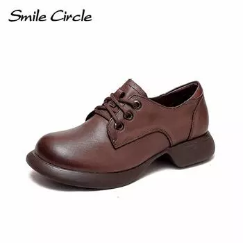 Женские туфли на плоской подошве из натуральной кожи. Модная повседневная обувь в стиле ретро. Удобная женская кожаная обувь на шнуровке.