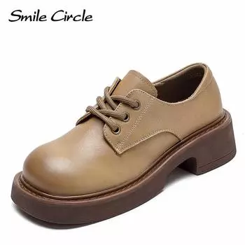 Женские туфли на плоской подошве из натуральной кожи, туфли на толстой подошве с круглым носком и шнуровкой, модная повседневная обувь в стиле ретро 35 жёлтый