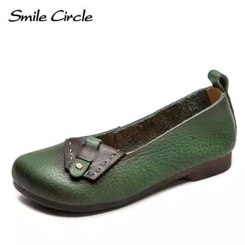 Женские туфли на плоской подошве из натуральной кожи, сандалии с круглой головкой и мягкой подошвой, модная удобная повседневная обувь 35 зелёный