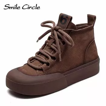 Женские туфли на плоской подошве из натуральной кожи, кроссовки с круглым носком и боковой молнией, модные повседневные туфли на толстой подошве 35 коричневый