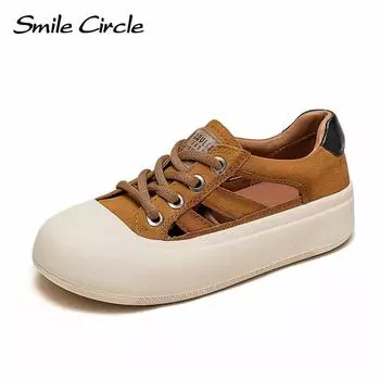 Женские туфли на плоской подошве из натуральной кожи, повседневная обувь с круглым носком, полые туфли на шнуровке, низкие туфли на толстой подошве